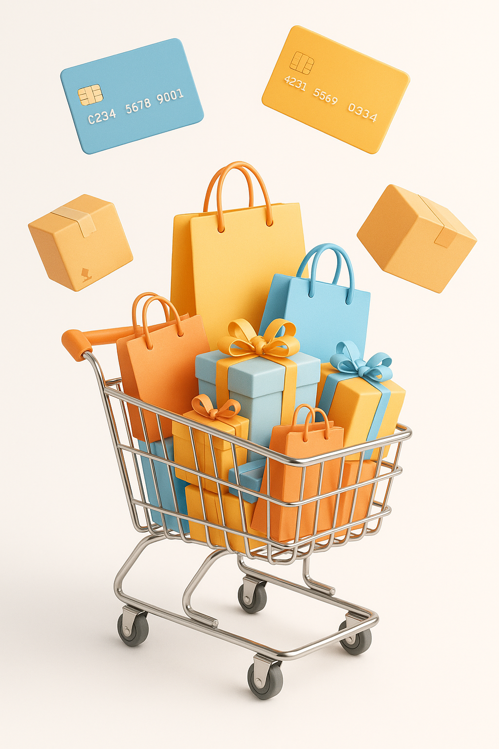 Tablet con carrito de compras lleno de paquetes